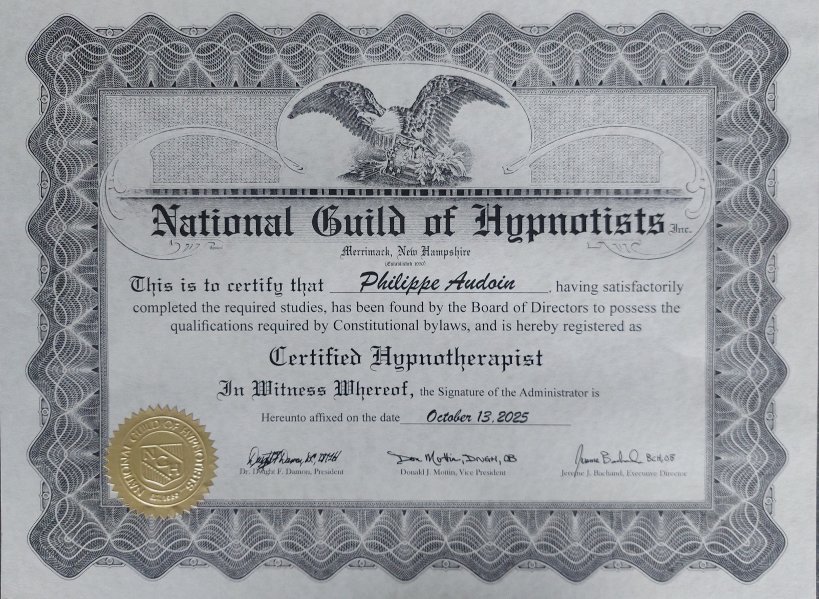 Certificat de Certified Hypnotherapist délivré par la National Guild of Hypnotists, octobre 2025
