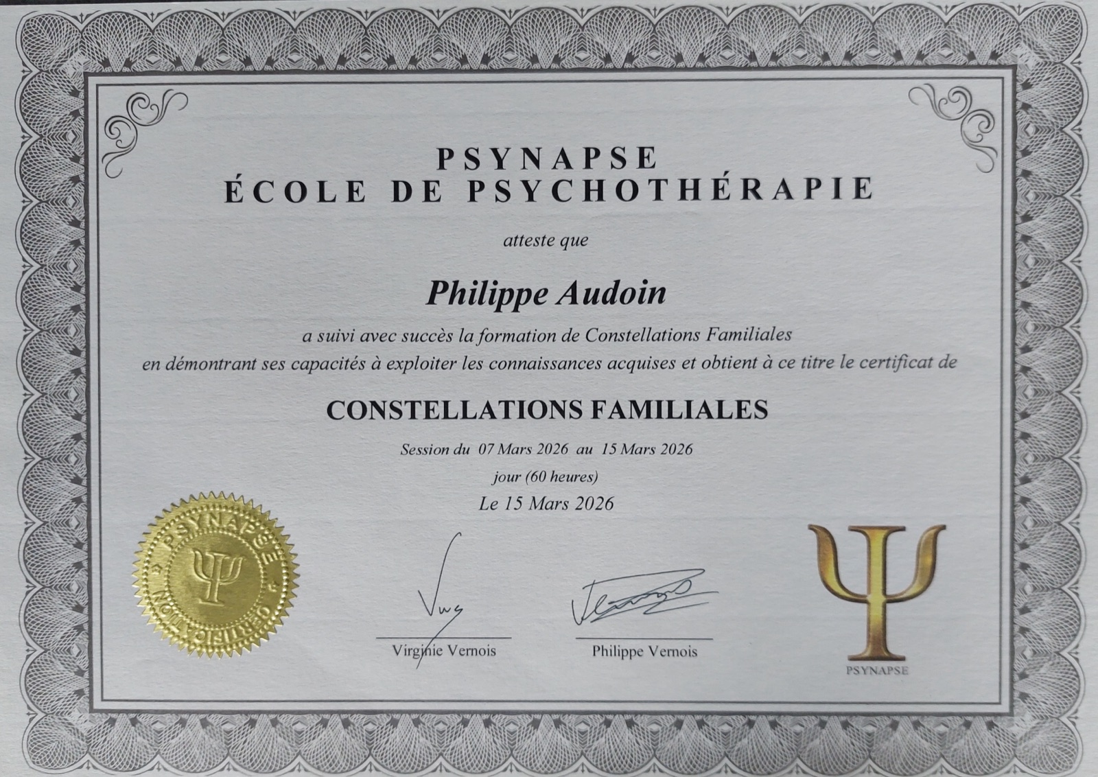 Certificat de Constellations Familiales délivré par Psynapse, mars 2026