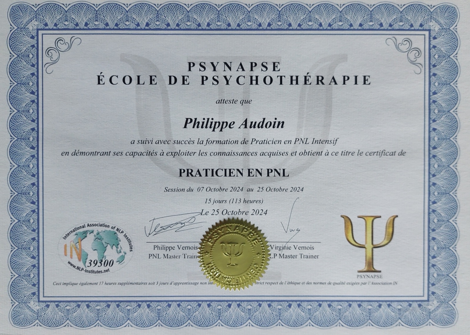 Certificat de Praticien en PNL délivré par Psynapse, École de Psychothérapie, octobre 2024