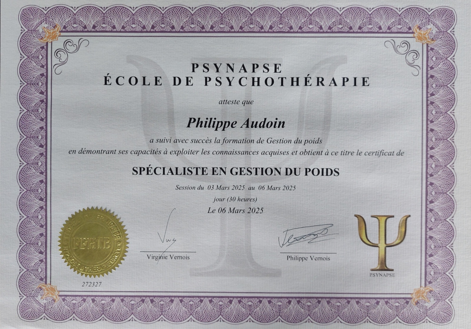 Certificat de Spécialiste en Gestion du Poids délivré par Psynapse, mars 2025