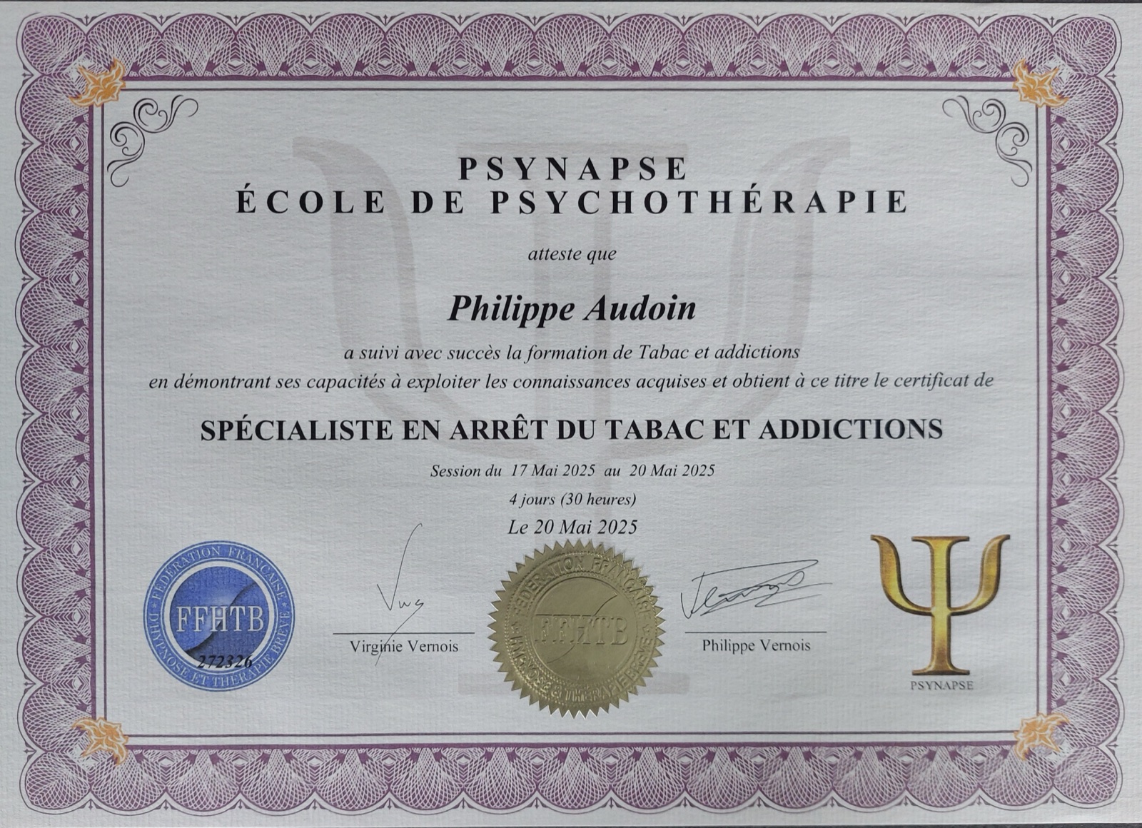 Certificat de Spécialiste en Arrêt du Tabac et Addictions délivré par Psynapse, mai 2025